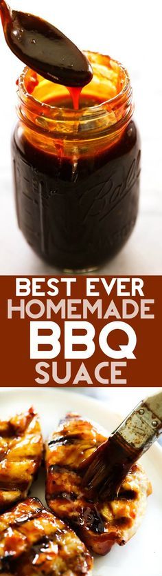 the best ever homemade bbq sauce is in a glass jar and on a white plate