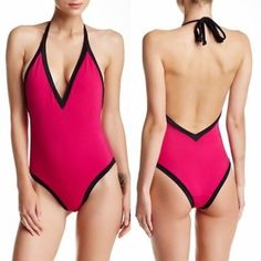 Ties Behind Neck. Removable Cups At Bust. Fully Lined. Soft Slinky Material. Fuchsia Pink With Black Trim. Runs Small. Pink Stretch Bodysuit For Poolside, Pink Stretch Backless Bodysuit, Backless Stretch Pink Bodysuit, Pink Halter Neck Bodysuit For Pool, Chic Pink Bodysuit For Pool, Pink Halter Neck Bodysuit For Beachwear, Pink Triangle Top Bodysuit For Swimming, Chic Pink Bodysuit For Vacation, Trendy Pink V-neck Swimwear