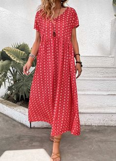 Casual Red A-line Maxi Dress, Red Non-stretch Short Sleeve Midi Dress, Red Short Sleeve Midi Dress, Short Sleeve Red Midi Dress, Red Non-stretch Casual Dress, Casual Red Non-stretch Dress, Red Non-stretch A-line Dress, Bohemian Red A-line Maxi Dress, Casual Red Printed Maxi Dress