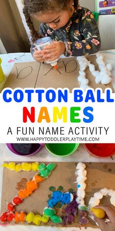 a child is playing with cotton ball names