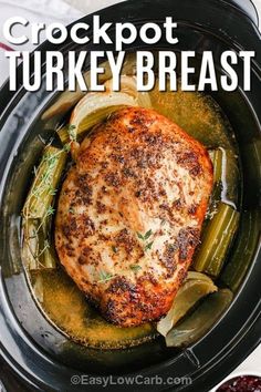 the crockpot turkey breast is cooked in an air fryer with green beans and onions