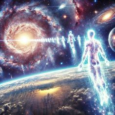 an artist's rendering of the human being surrounded by stars and planets in space