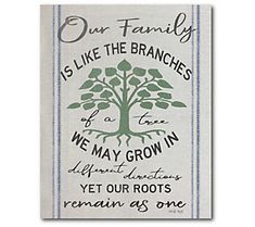 a tea towel with the words our family is like the branches of a tree and we may grow in different directions yet our roots remain as one