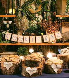 there are many desserts on the shelves in this store, including cookies and pies