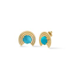 large round statement stud earrings with turquoise in 14k gold Natural Gemstones, The Past, Stud Earrings, Turquoise, Gemstones, Stone, Gold, Color