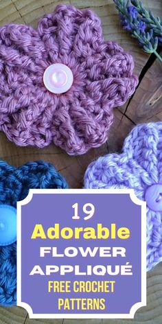 crochet flower applique with text overlay that reads, 19 adorable flower applique free crochet patterns