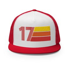 Retro Red Trucker Hat, Retro 5-panel Baseball Cap For Sports, Retro Red Snapback Trucker Hat, Retro Flat Bill Trucker Hat For Streetwear, Retro Red 5-panel Baseball Cap, Retro Red Trucker Hat For Sports Events, Retro Sports Snapback Hat With Flat Bill, Retro Baseball Cap For Sports Events, Retro 5-panel Hat For Sports Events