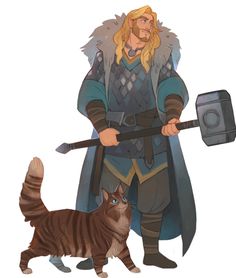 a cat standing next to a man in armor and holding an ax with his hand