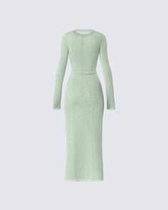 Stay in mint condition in this green sweater knit midi dress 💚 Complete with a wide rib knit stitch, a crew neck, and a midi length - this earthy dress will have everyone calling you mother 🍃😜 Chic Green Knit Midi Dress, Elegant Green Knit Midi Dress, Green Knit Midi Dress For Spring, Green Crew Neck Winter Dress, Green Crew Neck Dress For Fall, Casual Green Ribbed Midi Dress, Casual Green Midi Sweater Dress, Chic Green Knit Sweater Dress, Green Ribbed Sweater Dress For Fall