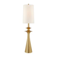 a gold table lamp with a white shade on the base and a light in the middle