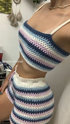 Crochet Set Outfit, Crochet Two Piece, Bikinis Crochet, Colorful Outfit, Crochet Cord, Crochet Short, Crochet Business