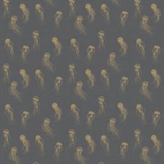 a group of jellyfishs floating in the ocean on a gray background with gold accents