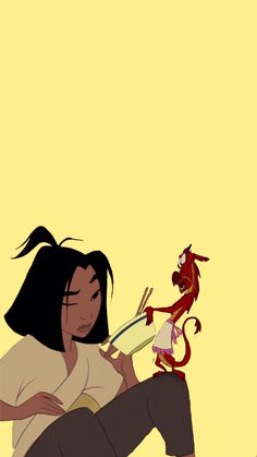 a woman sitting on the ground next to a red dragon holding a plate with chopsticks