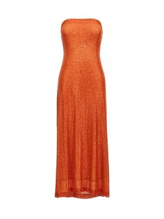 Gina' long stretch fabric dress with ll-over sequin appliqués, elastic on the chest, off-the-shoulder style and a lining.LE TWINS'Gina' dressTrue to size fit Stretch Fabric Dress, Les Twins, Sequin Appliques, Dress Fabric, Color Orange, Stretch Fabric, Off The Shoulder, Twins, Sequin