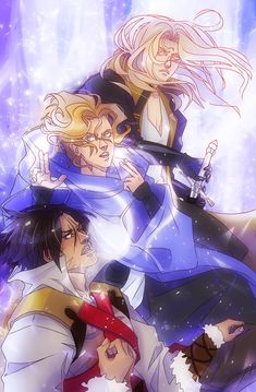 three anime characters standing together in front of a purple and blue background with snow flakes