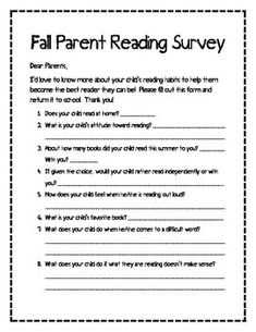 a worksheet for the parent reading survey