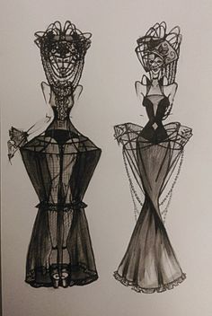 two black and white drawings of dresses