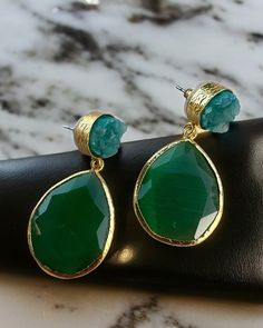 Earrings with chrysocolla stones mounted in gilded Indian silver Green Drop Earrings With Gemstone Accents, Green Gemstone Accented Earrings For Party, Green Gemstone Accent Earrings For Party, Turquoise Gemstone Earrings For Party, Green Earrings With Natural Stones As Gift, Green Teardrop Earrings With Gemstone Accents, Blue Emerald Gemstone Earrings, Favorite Jewelry, Jewelry Earrings Dangle