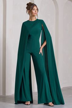 Harley | Bottle Green Straight-Leg Jumpsuit With Cape Sleeves Cape Sleeves Jumpsuit, Cape Jumpsuits For Women, Elegant Jumpsuit Classy, Jumper Outfit Jumpsuits, Green Jumpsuit Outfit, Observational Studies, Jumpsuit With Cape, Package Branding, Cape Jumpsuit