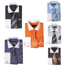 Men's French Cuff Dress Shirt With Polka Dot Design AH613 (1 Dress Shirt + 1 Tie + 1 Handkerchief ) Color:  Orange. Blue. Black. Brown. White. Navy(Purple) Size: 15 1/2--20 1/2 Material: 100% Cotton Codition:New With Tags                        Men's French Cuff Dress Shirt with Matching Tie, Handkerchief and Cufflinks FL630 Material:  60% Cotton, 40% Polyester Colors: Black, White, Red, Royal Blue, Khaki, Rose Purple Matching Woven Tie&Handkerchief  Spread Collar Polka Dot Collar Polka Dot Cuff Fitted Polka Dot Shirt For Spring, Fitted Polka Dot Collared Shirt, Fitted Summer Dress Shirt With Button Cuffs, Fitted Polka Dot Shirt For Work, Dress Shirt Style, Best Suits For Men, Zoot Suit, French Cuff Dress Shirts, French Cuff