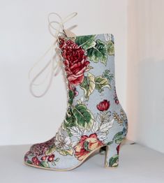 Fabric Boots With Round Toe For Winter, Fabric Winter Boots With Round Toe, Fabric Boots With Fitted Round Toe, Fitted Fabric Boots With Round Toe, High Heel Fabric Boots For Spring, Spring Fabric High Heel Boots, Boho Boots Bohemian, Rococo Fabric, Baroque Fabric