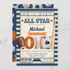 an all star sports birthday party card with a bat, ball and baseball on it