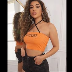 New Without Tags! Cute Ribbed Crop Top That Says “Wait & See”. Made Of 97% Polyester And 3 Spandex Trendy Stretch Orange Crop Top, Cropped Halter Top, Top Halter, Ribbed Crop Top, Halter Crop Top, Shein Tops, Black Orange, Halter Top, Orange Black