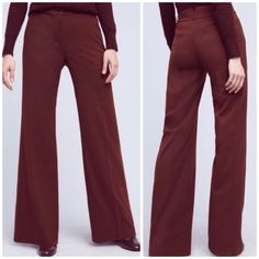 Nwt Wide Leg Trousers By Cartonnier From Anthropologie. Color: Wine/Bordeaux. Fabric Content: 68.4% Cotton, 29.3% Polyester, And 2.3% Spandex. Machine Wash And Line Dry; Can Be Dry Cleaned. Front Slant Pockets. Back Welt Pockets. Double Button With Hidden Zipper Front Closure. Belt Loops At Waist. Wide Leg Opening. Perfect To Wear At The Office And Transitions Nicely With A Blouse And Boots For A Night Out On The Town. Brand New With Tags, Never Worn. Msrp $118. Size 2. New To Poshmark? Sign Up Brown Fitted Wide Leg Pants For Office, Fitted Brown Wide Leg Pants For Office, Fitted Brown Wide Leg Pants For Business Casual, Floral Wide Leg Trousers, Boho Plaid, Slim Dress Pants, Black Linen Trousers, Chevron Pants, Wide Leg Linen Trousers