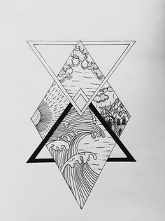 a drawing of an abstract triangle with waves and mountains in the background on white paper