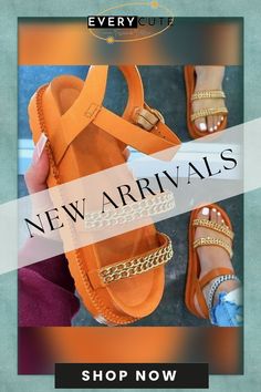 Chain Embellished Thicken Buttom Sandal Shoes Chic Orange Sandals With Buckle Closure, Chic Flat Orange Sandals, Chic Orange Flat Sandals, Chic Orange Flat Heel Sandals, Orange Flat Sandals With Buckle Closure, Chic Orange Sandals With Round Toe, Trendy Orange Sandals With Cushioned Footbed, Trendy Orange Closed Toe Sandals, Trendy Orange Flat Sandals