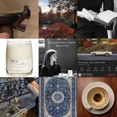 a collage of photos with coffee, books, and other things to do in the fall