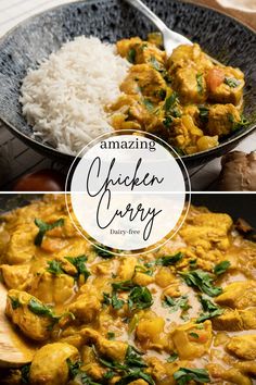 chicken curry with white rice and spinach on the side, in a skillet