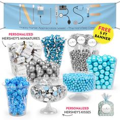 an assortment of blue and white candies in vases, with the words show me the bride on it