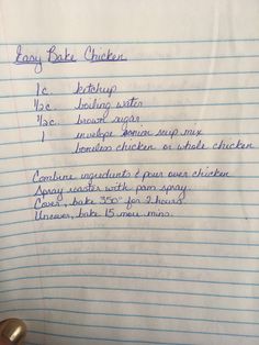 a hand holding a piece of paper with writing on it that says easy bake chicken