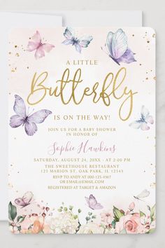 a little butterfly is on the way baby shower card with pink flowers and gold foil