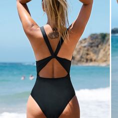 This Swimsuit Features Rib Material With Wide Fixed Straps And Cutout Back. Model Is Wearing A Size S Height: 5' 4", Bust : 30 In, Waist : 24 In, Hips : 35 In Model Is Wearing A Size S Height: 165cm, Bust : 76 Cm, Waist : 60 Cm, Hips : 89 Cm Features: Plunge Fixed Straps Soft Cups Removable Padding Medium Support Middle Cut Regular Coverage Backless Criss Cross Regular Wash Cupshe Swimsuits, Black Bathing Suits, Halter One Piece Swimsuit, Black One Piece Swimsuit, Costume Intero, Black One Piece, One Piece For Women, Black Swimsuit, Black Rib