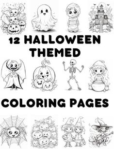 halloween themed coloring pages with pumpkins, ghost and other characters in black and white