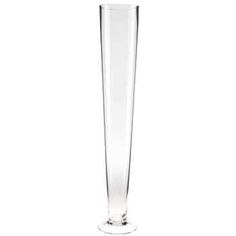 a tall glass vase is shown against a white background, with the bottom half empty