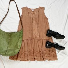 "Vintage 2000s/1990s sleeveless dress in tan. Button up front. In good vintage condition. Note: I try to match colors as much as possible to pictures but there is a possibility it won't be an exact match. Unless the color is completely incorrect I am unable to offer refunds for this reason. Size: labeled \"free size\" fits like a medium Brand is Just Cruising Measurements (taken on garment laid flat): Armpit to armpit: 20\" Waist: 42\" Armpit to hem: 24.5\" Hips: 46\" Fabric: 100% rayon" Casual Brown Sleeveless Dress, Casual Beige Sleeveless Dress, Casual Cotton Sleeveless Dress For Fall, Casual Sleeveless Mini Dress For Fall, Casual Beige Sleeveless Dress For Day Out, Brown Sleeveless Dress With Button Closure, Brown Sleeveless Dress With Buttons, Sleeveless Mini Dress With Button Closure For Fall, Casual Brown Dress With Buttons