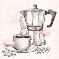 a drawing of a coffee maker and cup