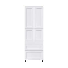 a white cabinet with four doors on one side and two drawers on the other end