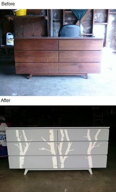 before and after photos of an old dresser that has been painted white with tree stencils on it