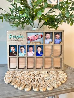 a wooden photo frame with four photos on it and a plant in the background, sitting on a table