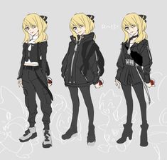 three different poses of an anime character in black and white clothes, one with blonde hair