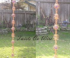 two pictures of a chain link fence in the yard, one with beads on it