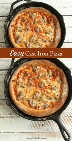 two cast iron pizzas sitting in black pans