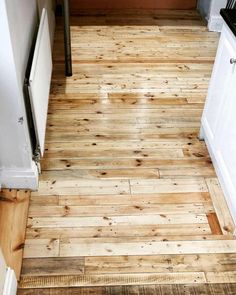 a wooden floor in a kitchen next to a stove top oven and refrigerator freezer