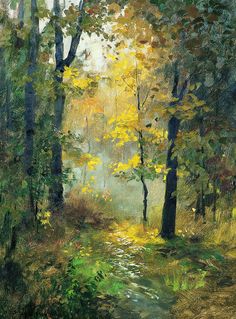 an oil painting of a path in the woods with yellow and green leaves on it