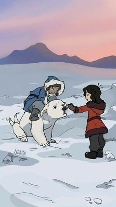 a person petting a dog in the snow