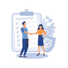 two people shaking hands in front of a clipboard with the word insurance on it